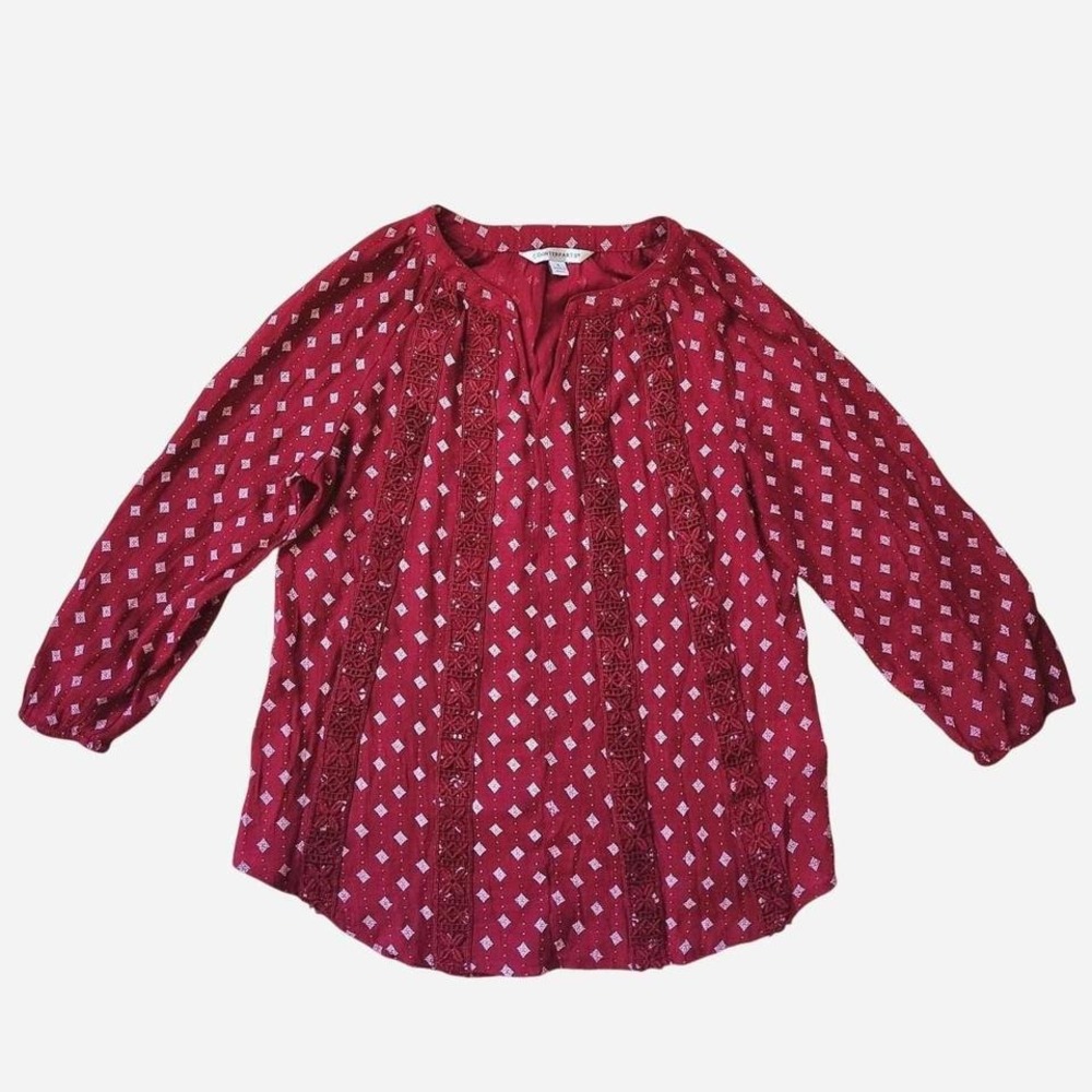 Counterparts Boho Blouse Burgundy with White Diamond Print Embroidery Crochet
